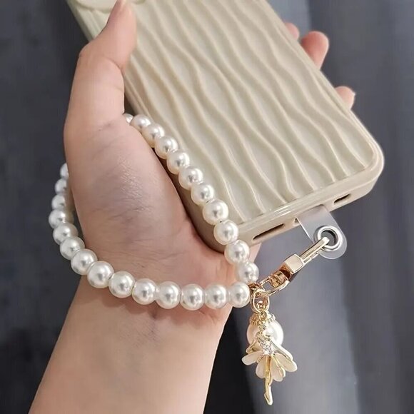 Accessories - Imitation Pearl Short Mobile Phone Lanyard Wrist Strap - Butterfly